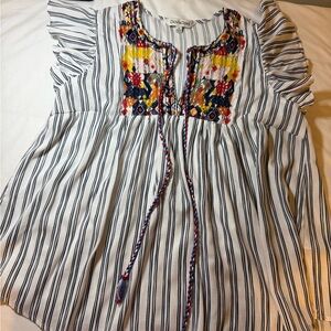 DAVI & DANI White Navy Striped Tunic with Multicolor Embroidery
